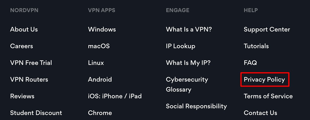 NordVPN website footer with Privacy Policy link highlighted