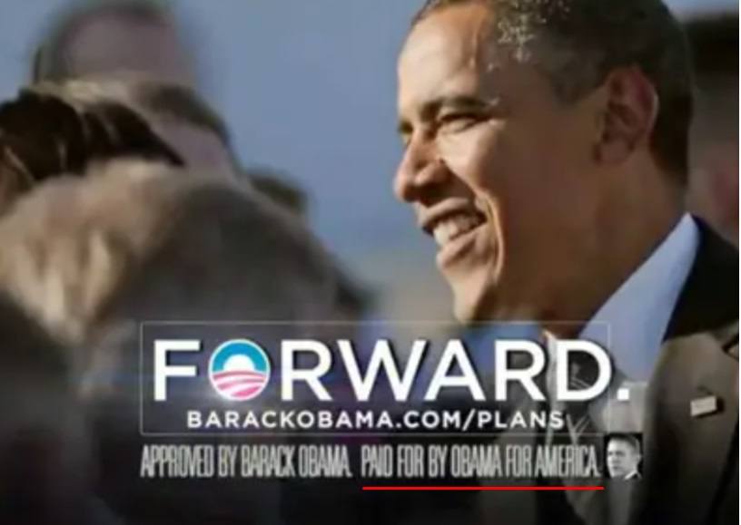 Obama political ad with Paid For By Obama disclosure highlighted