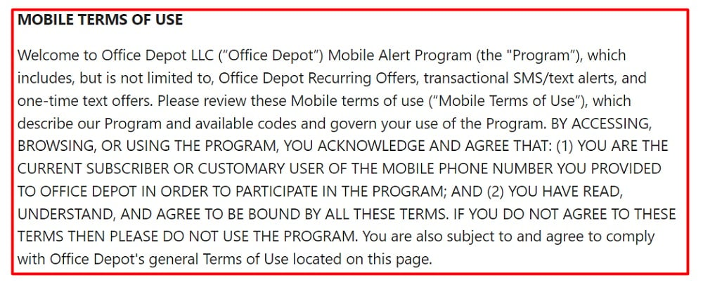 Office Depot Mobile Terms of Use: Intro clause