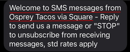 Osprey Tacos text message screenshot