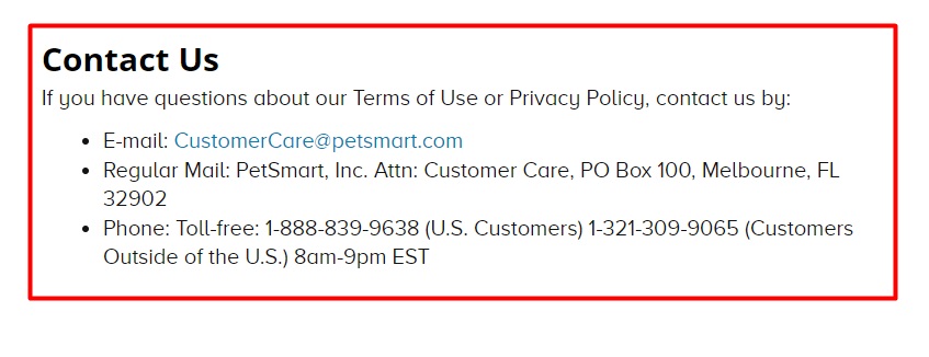 PetSmart Terms of Use: Contact Us clause