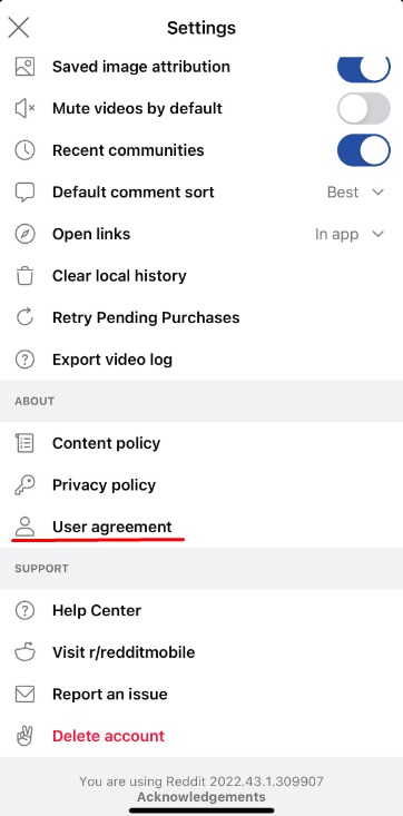 Reddit app Settings menu with User Agreement link highlighted