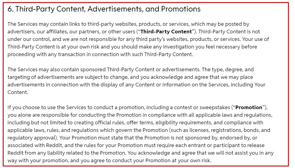 Reddit app User Agreement: Third-Party Content Advertisements and Promotions clause