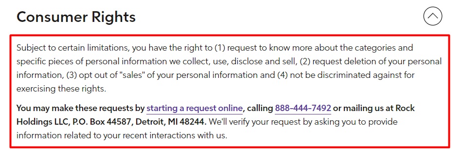 Rocket Mortgage Privacy Policy: Consumer Rights clause