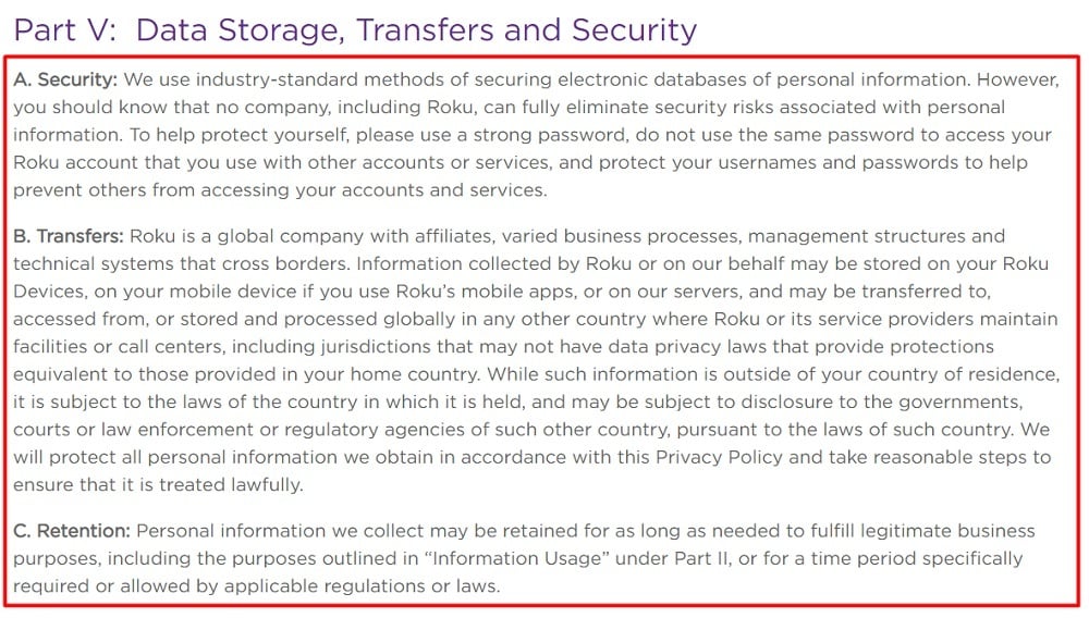 Roku Privacy Policy: Data Storage Transfers and Security clause