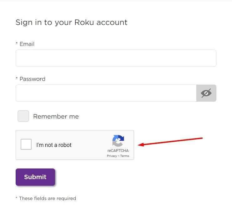 Roku sign in form with reCAPTCHA highlighted