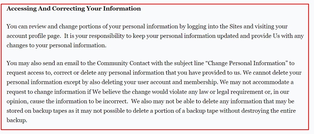 Rolling Stone Privacy Policy: Accessing and Correcting Your Information clause