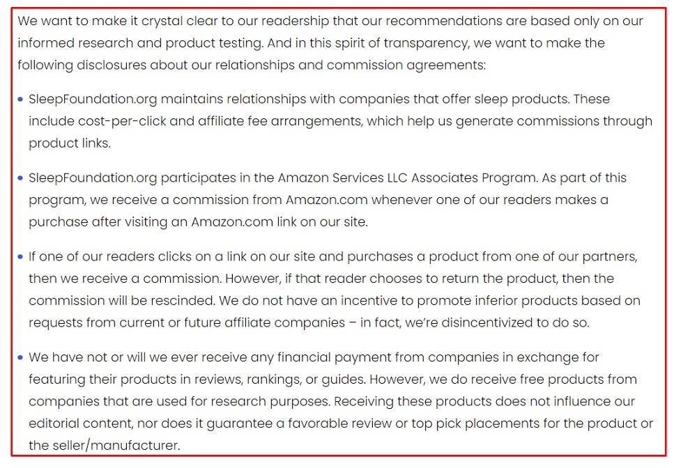 Sleep Foundation Advertising Disclosure excerpt