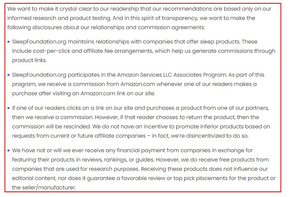 Sleep Foundation Advertising Disclosure excerpt