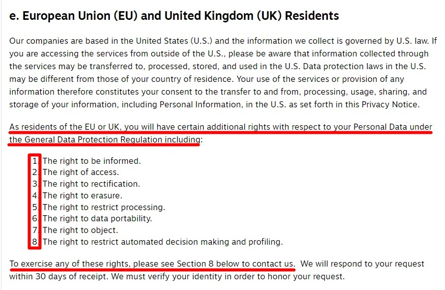 Staples Privacy Notice: European Union (EU) and United Kingdom (UK) Residents clause - Rights section highlighted