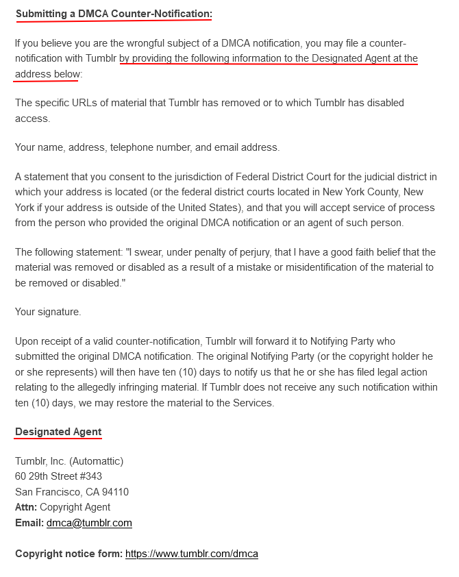 Tumblr Terms of Service: Submitting a DMCA Counter Notification section
