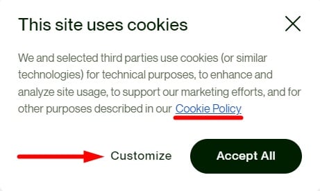 Upwork Cookie Consent Banner with Cookie Policy and Cookie Settings links highlighted