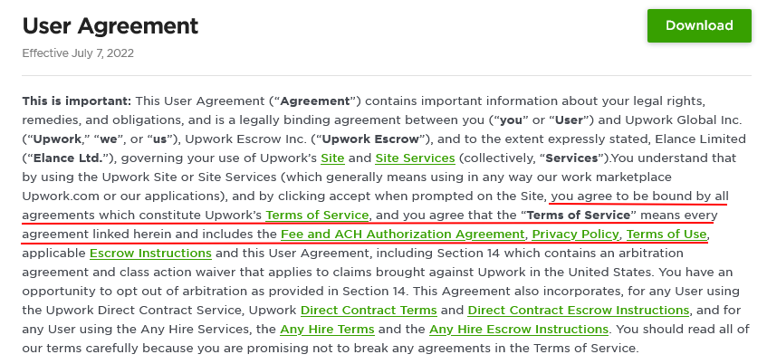Upwork User Agreement: Intro clause with Privacy Policy and Terms of Use links highlighted