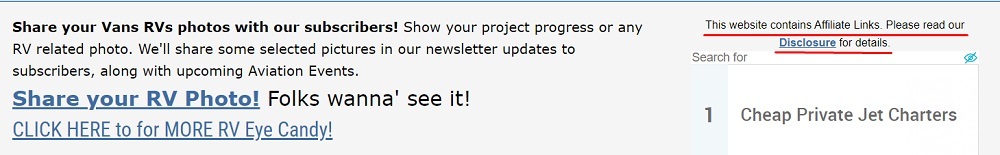 Vans Aircraft Builders Affiliate Links statement with Disclosure link highlighted