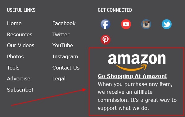 Vans Aircraft Builders website footer with Amazon affiliate disclosure highlighted