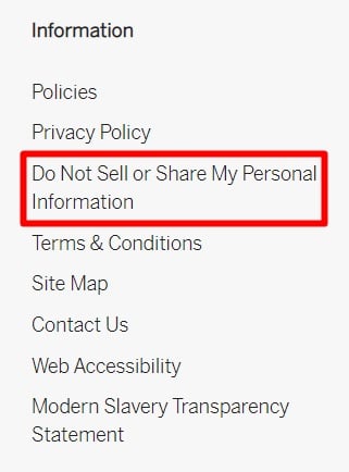Victoria's Secret website footer with Do Not Sell or Share My Personal Information link highlighted
