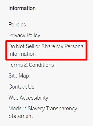 Victoria's Secret website footer with Do Not Sell or Share My Personal Information link highlighted