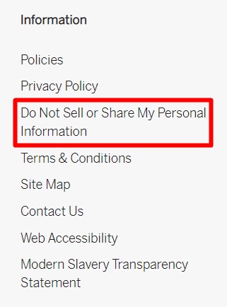 Victoria's Secret website footer with Do Not Sell or Share My Personal Information link highlighted