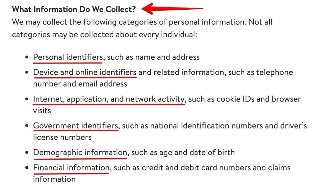 Walmart Privacy Policy: What Information Do We Collect clause
