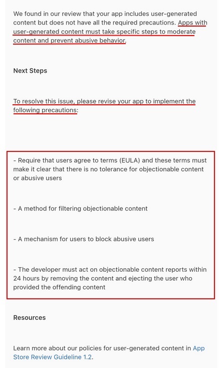Apple app rejection message about user generated content missing required precautions