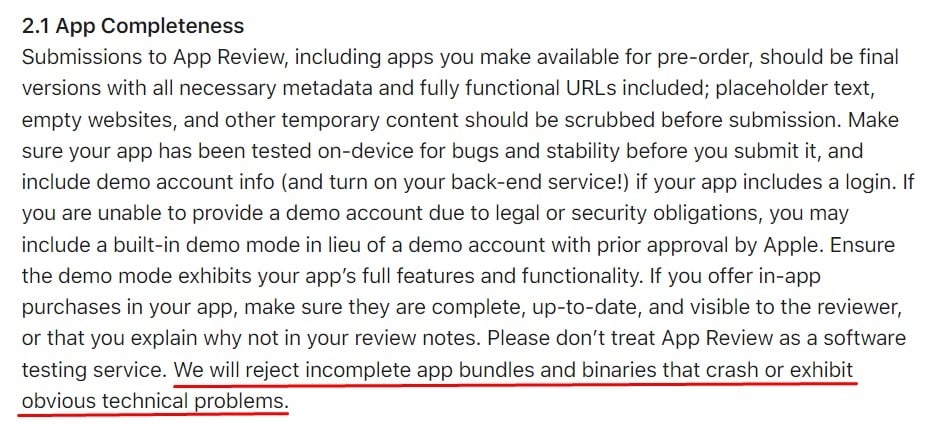 Apple App Store Review Guidelines: App Completeness clause