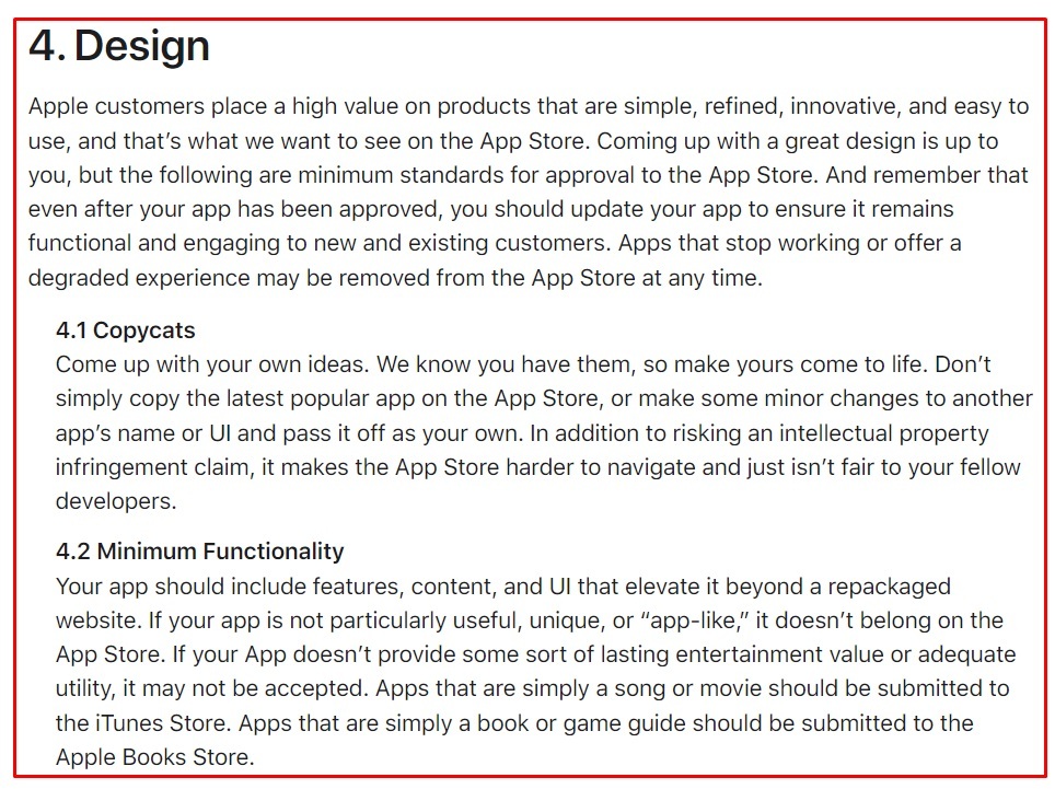 Apple App Store Review Guidelines: Design clause excerpt
