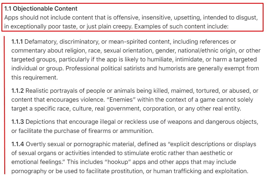 Apple App Store Review Guidelines: Objectionable Content clause excerpt