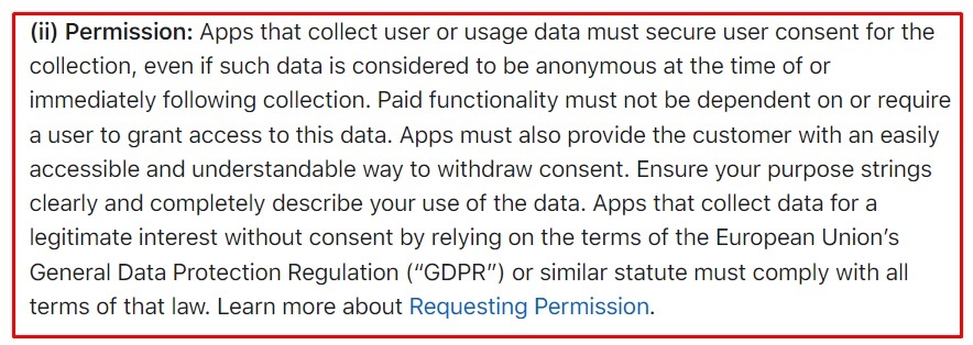 Apple App Store Review Guidelines: Permission clause