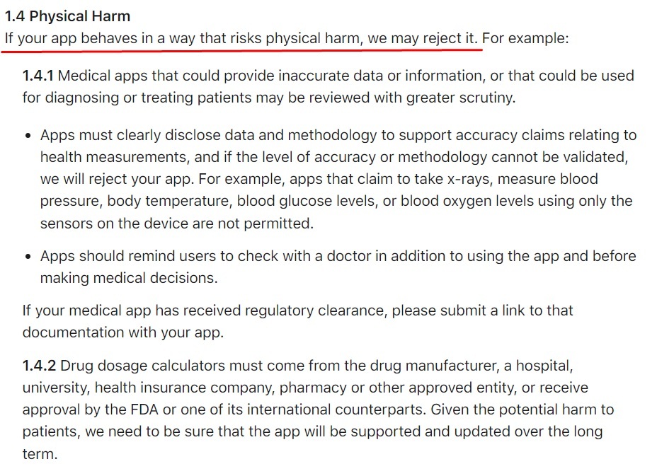 Apple App Store Review Guidelines: Physical Harm clause excerpt