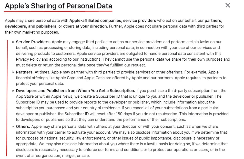 Apple Privacy Policy: Sharing of Personal Data clause