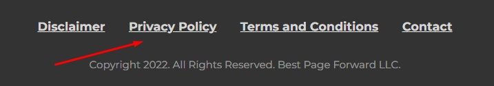 Best Page Forward website footer with Privacy Policy link highlighted