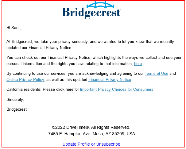 Bridgecrest updated Privacy Notice email