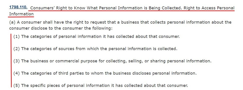 CCPA Section 1798-110: Consumers Right to Know What Personal Information is Being Collected Right to Access Personal Information