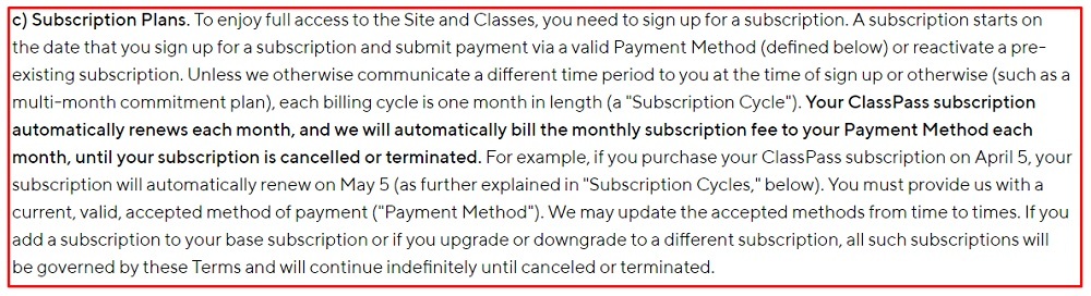 ClassPass Terms of Use: Subscription Plans clause