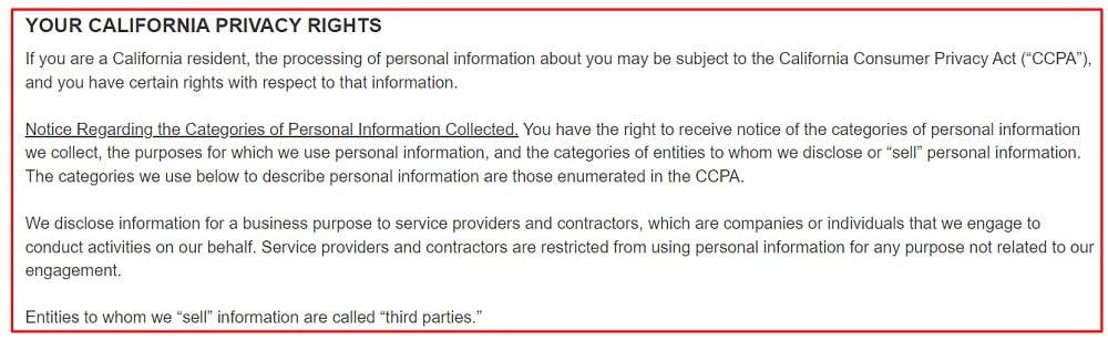Costco Privacy Policy: Your California Privacy Rights clause excerpt