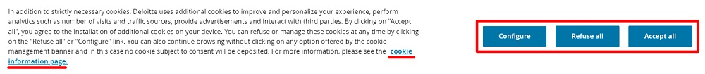 Deloitte Cookie Consent Banner with cookie information page link and buttons highlighted