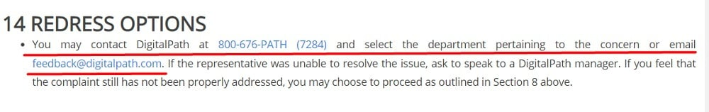 DigitalPath User Agreement: Redress Options clause