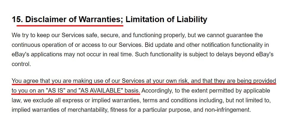 eBay User Agreement: Disclaimer of Warranties Limitation of Liability clause