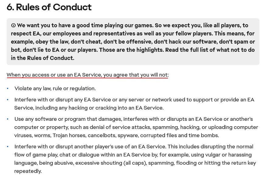 Electronic Arts User Agreement: Rules of Conduct clause excerpt