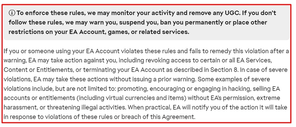 Electronic Arts User Agreement: Rules of Conduct clause - Violating rules excerpt