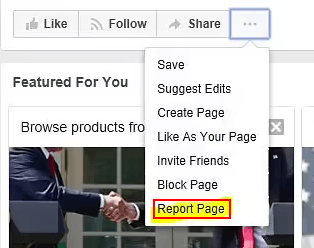 Facebook Page menu with Report option highlighted