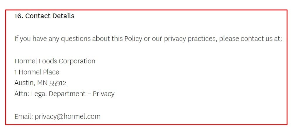 Hormel Foods Privacy Policy: Contact Details clause