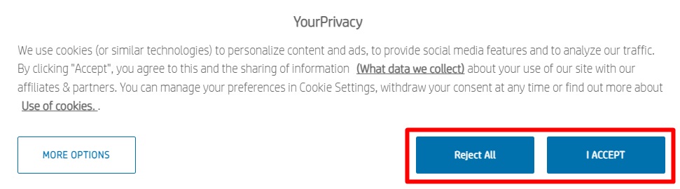 HP Cookie Consent Banner with Reject All and I Accept buttons highlighted