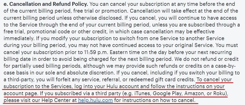 Hulu Terms and Conditions: Cancellation and Refund Policy clause