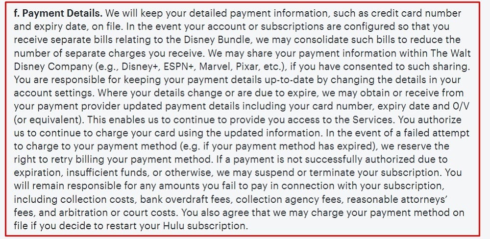 Hulu Terms and Conditions: Payment Details clause