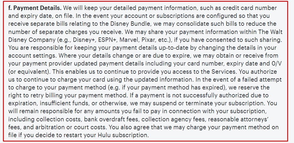 Hulu Terms and Conditions: Payment Details clause