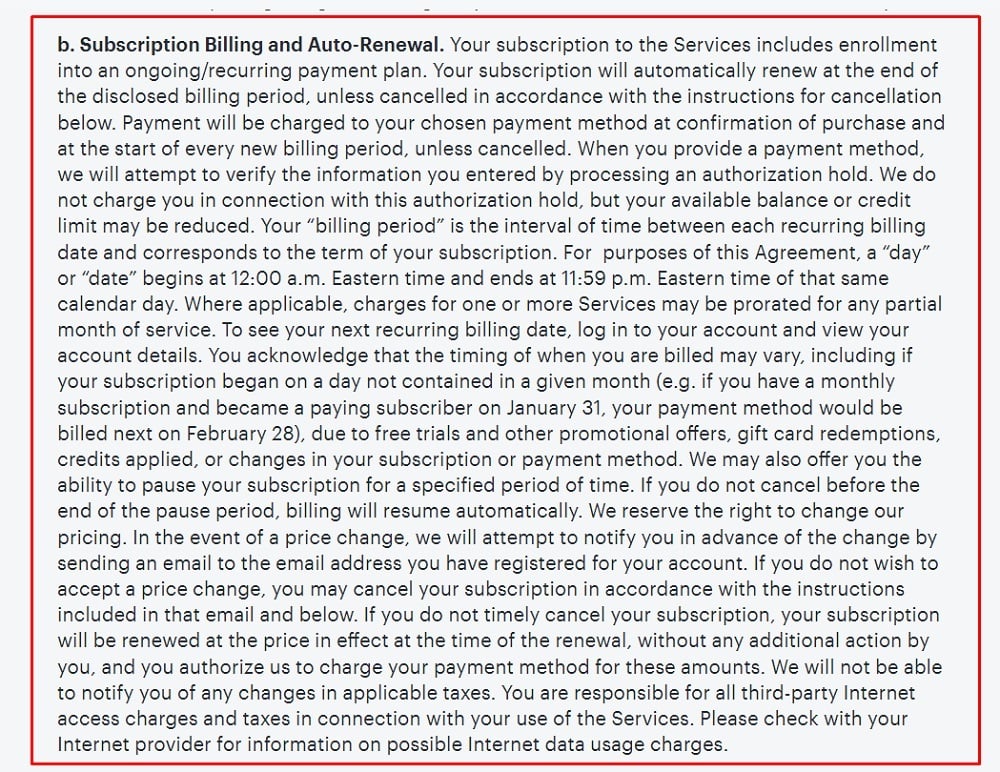 Hulu Terms and Conditions: Subscription Billing and Auto-Renewal clause
