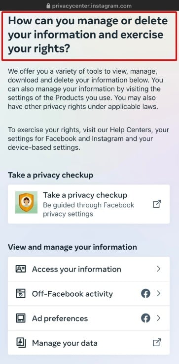 Instagram mobile Privacy Center: How can you manage or delete your information and exercise your rights screen