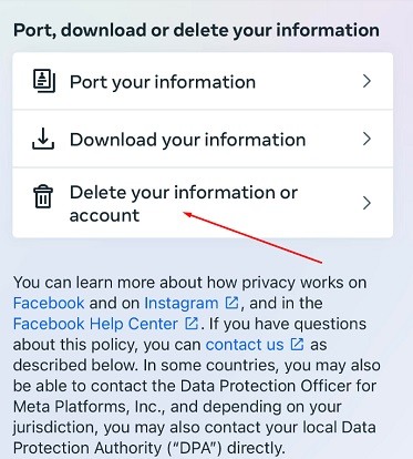 Instagram mobile Privacy Center: Port download or delete your information options screen