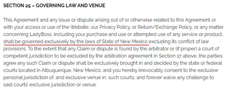 LadyBoss Terms and Conditions: Governing Law and Venue clause